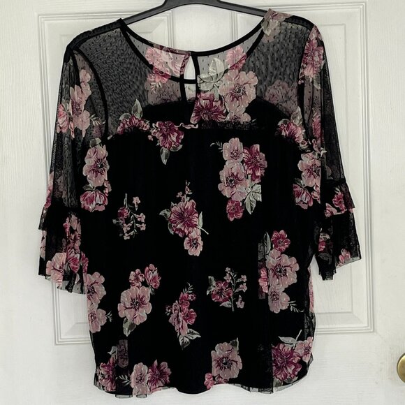 No Boundaries Top 2XL (19) Sheer Mesh Dark Floral Fairy Grunge Bell Sleeve - Picture 2 of 9
